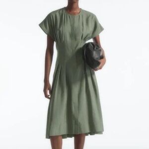 Cos Pleated Waist Sage Green Linen Dress, Size 4